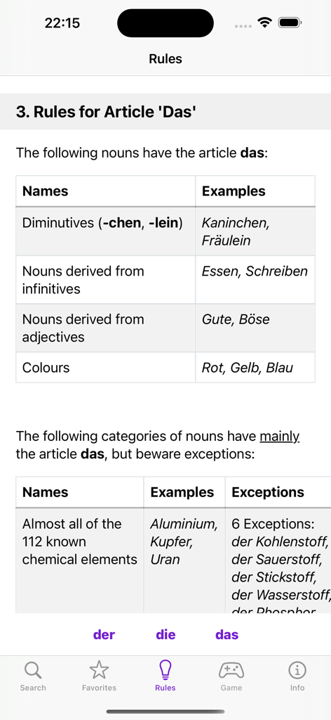 Der Die Das - Der Die Das 독일어 앱에서 관사 Das를 사용하는 명사에 대한 규칙 및 예시 목록.