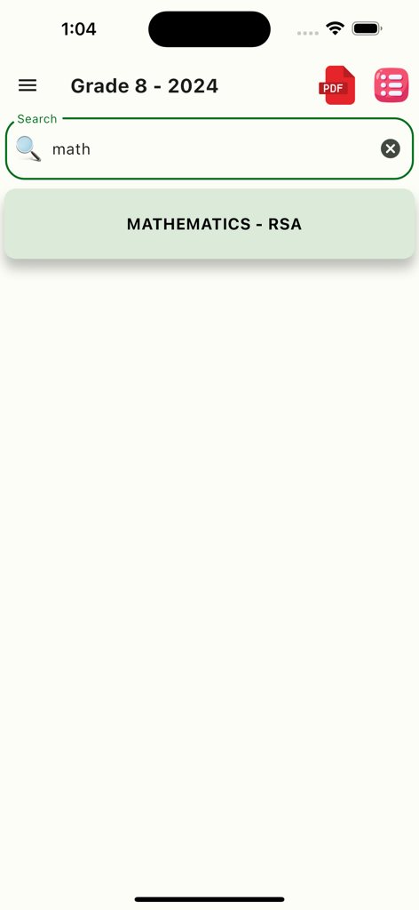 Grade 8 Exam Papers - Search interface in the Grade 8 Exam Papers app showing a result for mathematics