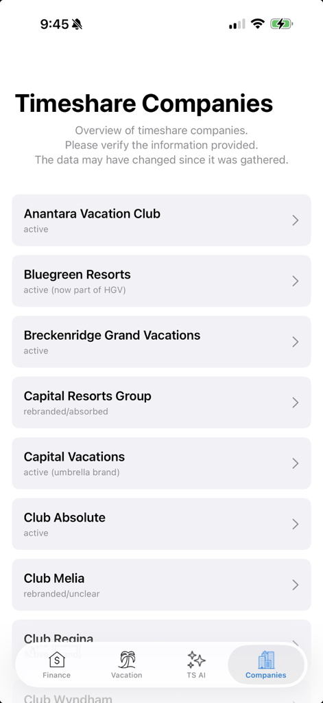 Timeshare Calculators with AI - A list of various timeshare companies and brands within the app directory