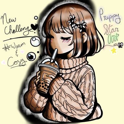 manga girl drinking boba in cozy sweater