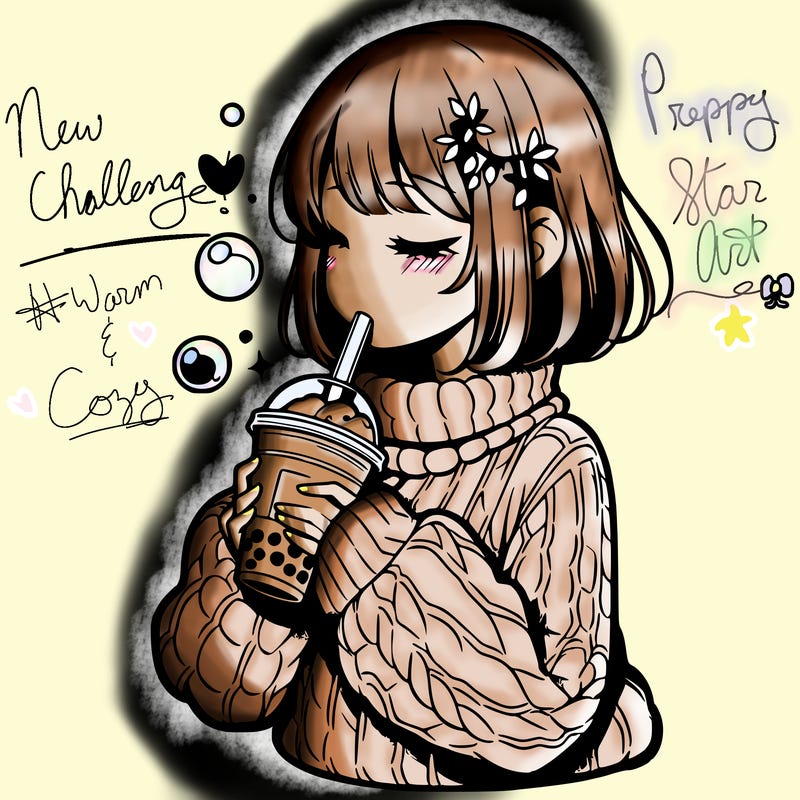 manga girl drinking boba in cozy sweater