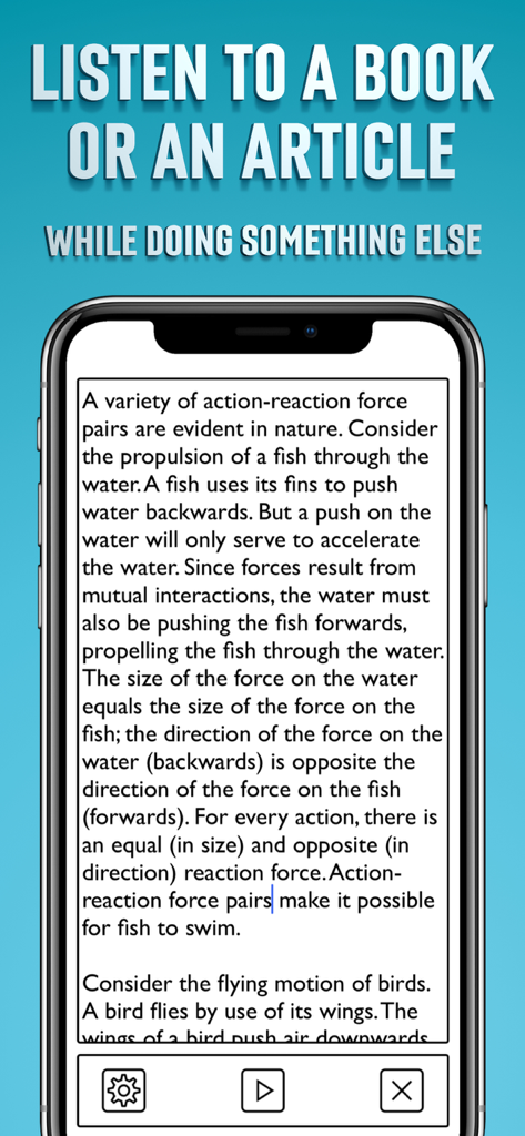 マルチタスク中に記事を聞いているテキスト読み上げアプリのインターフェースを表示