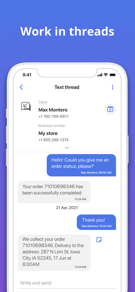 MightyCall Classic app interface showing a business text message conversation with a customer regarding order status and delivery.