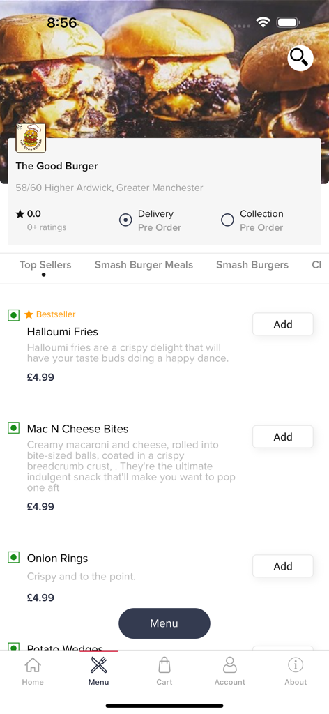 The Good Burger - Interfaz de la app móvil de The Good Burger mostrando un menú de comida con Halloumi Fries y Mac N Cheese Bites