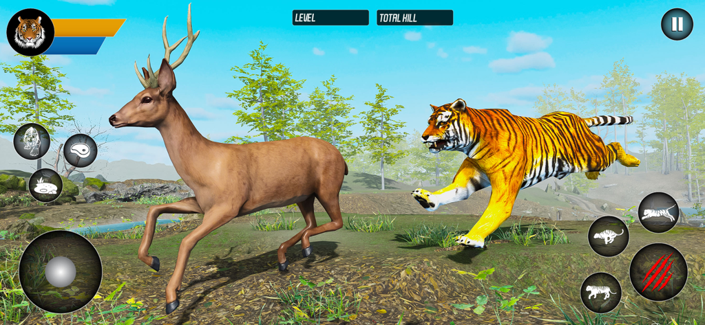 A 3D wild tiger chasing a deer through a forest in Tiger Simulator Animal Games.