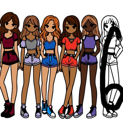 a group of girls wearing crop tops and shorts