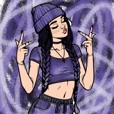 realistic teenage girl with braids and a beanie and crop top doing 🫶🏼