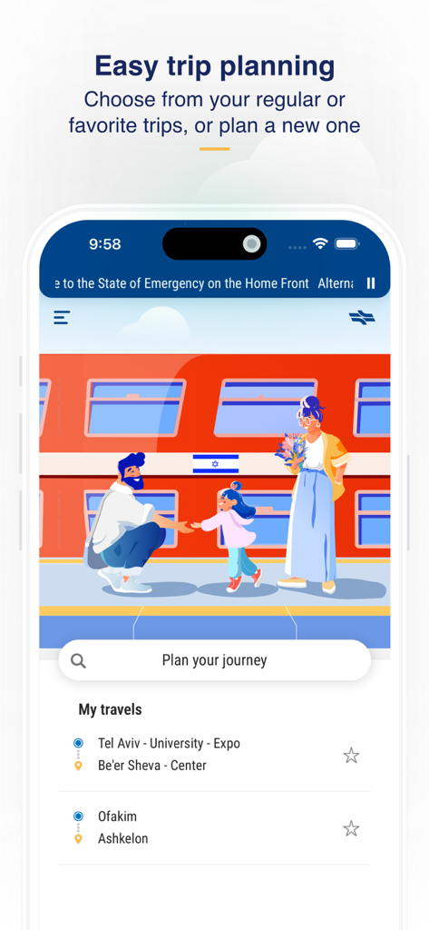 רכבת ישראל - Israel Railways - Schermata dell'app mobile Israel Railways per la pianificazione di viaggi in treno in Israele con percorsi preferiti.