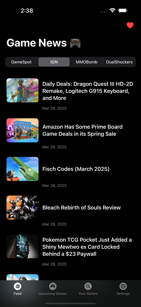 XP Game News - XP Game News app interface showing a curated list of latest gaming news and articles in dark mode.