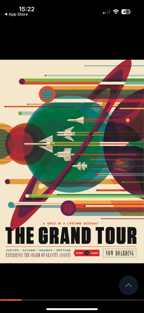 Space Magazin - Retro style space travel poster titled The Grand Tour featuring stylized spacecraft and planets like Jupiter and Saturn