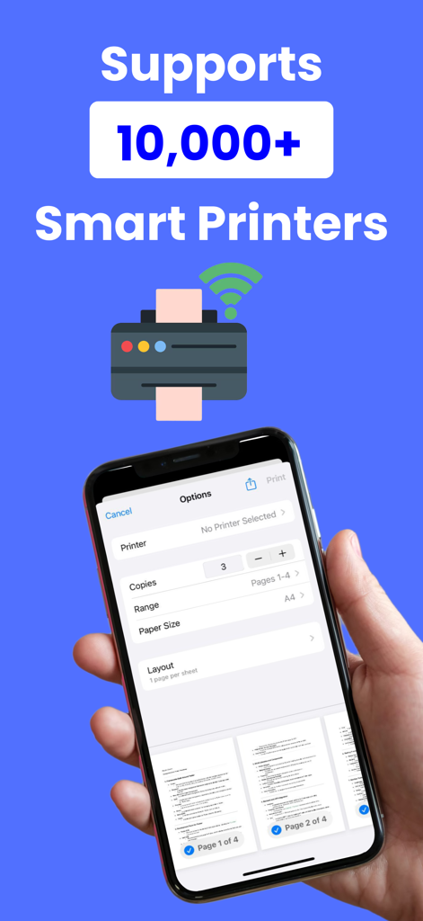 Printer App Smart Printer・ - Mobile phone displaying printing options with text stating support for over 10,000 smart printers.