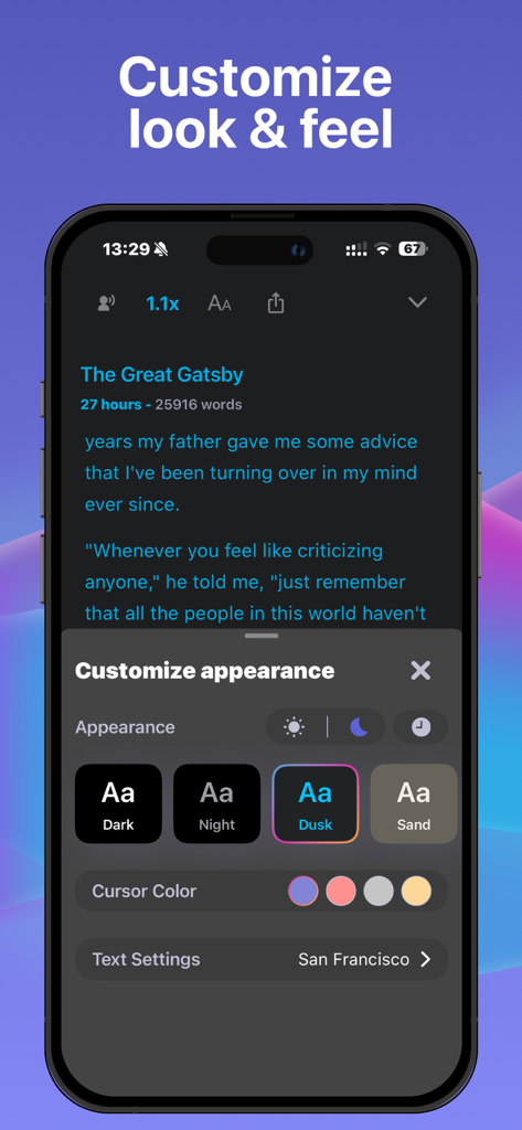 Synthy: Read aloud Text, Docs - Synthy app interface for customizing reading themes and text appearance