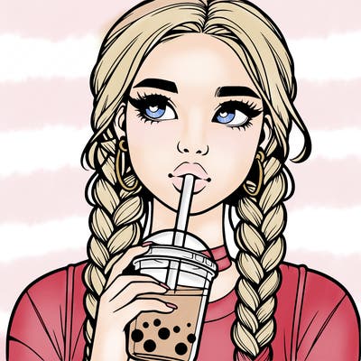 realistic girl with braided hair drinking boba