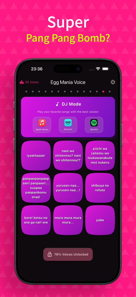 Egg Mania Voice: Pro YouTuber - Interfaz de la aplicación Egg Mania Voice con una caja de resonancia con líneas de voz japonesas desbloqueables y modo DJ.