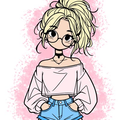 girl with a messy ponytail glasses a baggy crop top and jean shorts