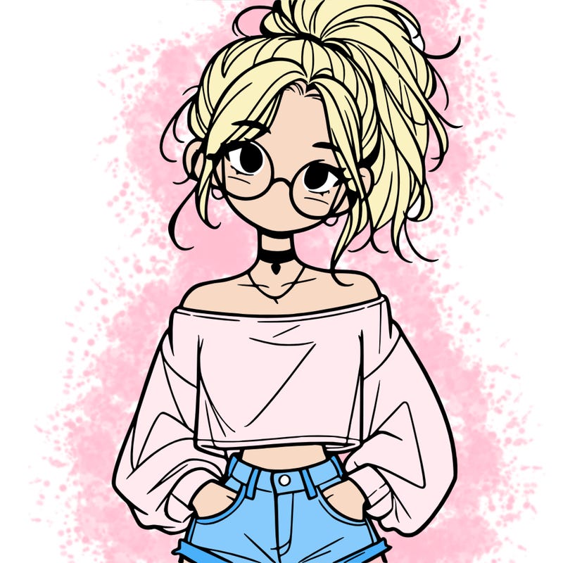 girl with a messy ponytail glasses a baggy crop top and jean shorts