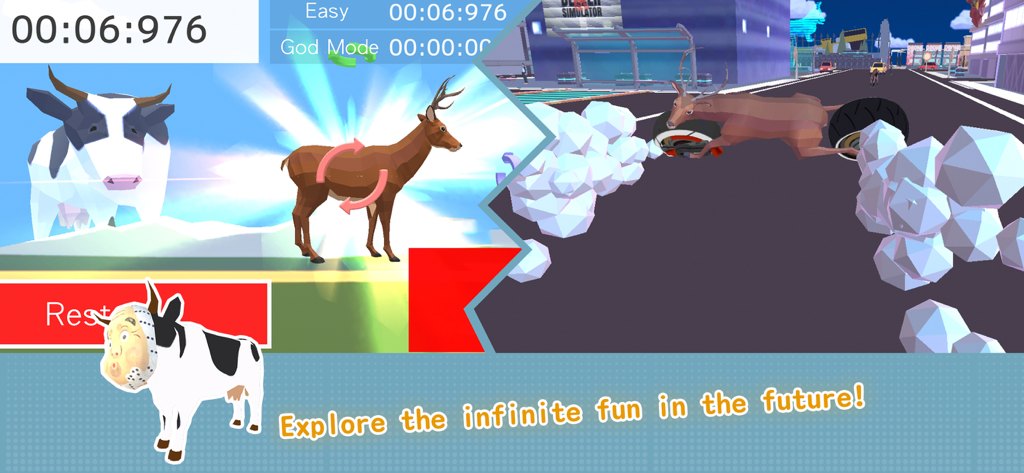 DEEEER Simulator: Future World - Ein Reh fährt mit einem Motorrad durch eine futuristische Stadt neben einer Kuh mit Maske in DEEEER Simulator.