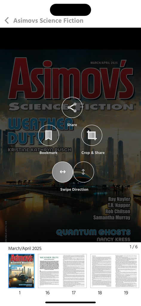 Asimov's Science Fiction - Asimovs Science Fiction app displaying a digital magazine cover and navigation thumbnails
