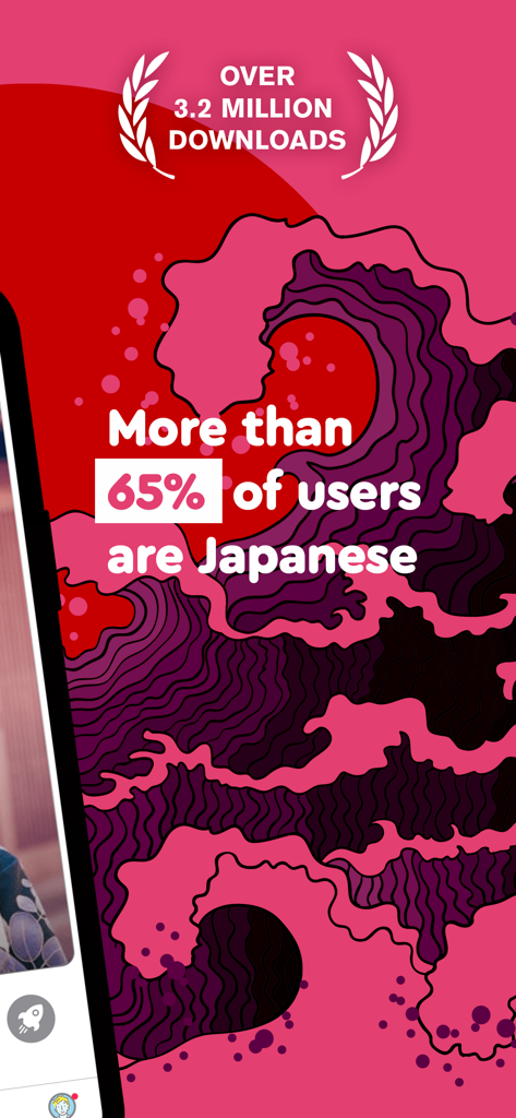 Imagem promocional para o aplicativo Langmate afirmando que mais de 65 por cento dos usuários são japoneses