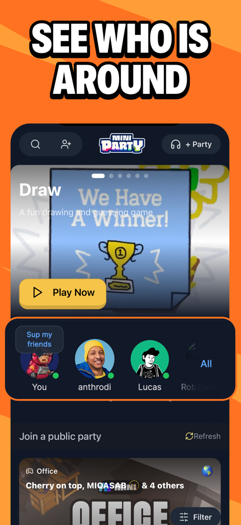 온라인 친구와 그림 게임 선택을 표시하는 미니파티 앱 인터페이스.