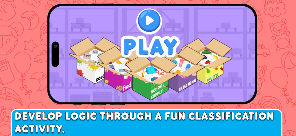 Speakaroo: Speech Therapy - Speakaroo app screenshot showing a logic and classification activity with themed item boxes for sorting