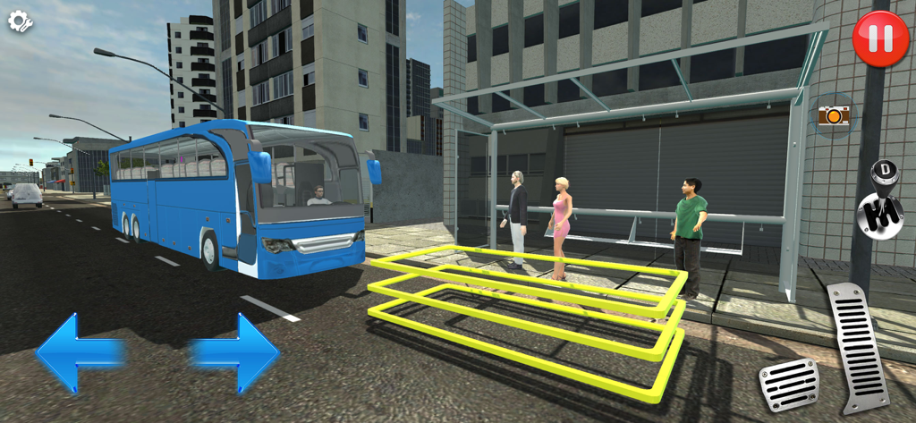 Bus Simulator - City Driving - A blue bus pulling into a city bus stop with waiting passengers in a driving simulation game.