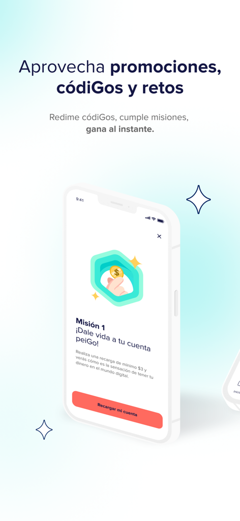 PeiGo - PeiGo app screen displaying promotions, codes, and missions for users to win instant rewards