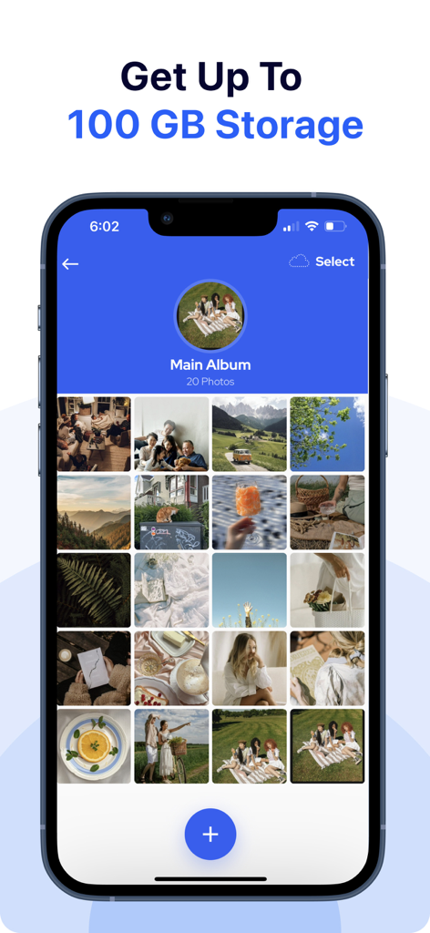 Interface of the Private Photo Vault app showing a main album with a photo grid and a promotional header for 100 GB of cloud storage.