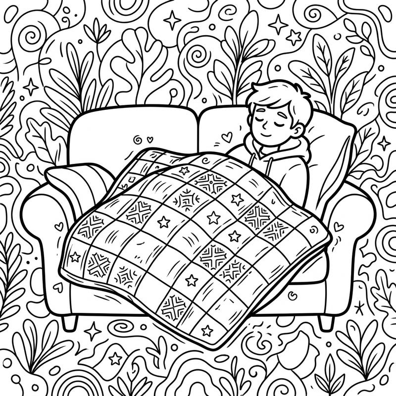 Dive into a world of calm with this charming weighted blanket coloring page, specially designed for kids. Featuring a sleepy child nestled under a cozy blanket, it's perfect for a relaxing coloring session.