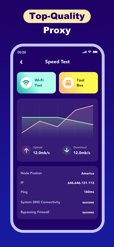 Linkup Speed - VPN Tool - Interface of Linkup Speed VPN app displaying internet speed test results and network details