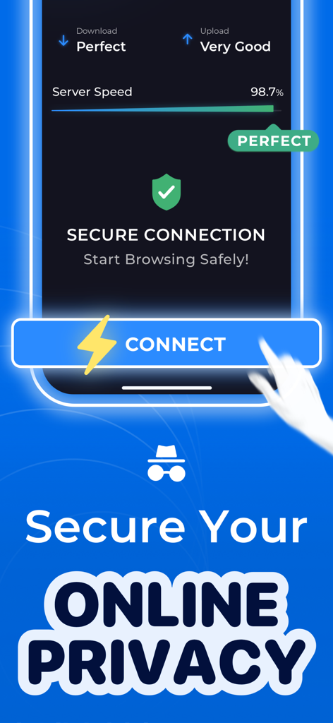 Opus VPN mobile app interface showing a secure connection status with server speed indicators and a connect button