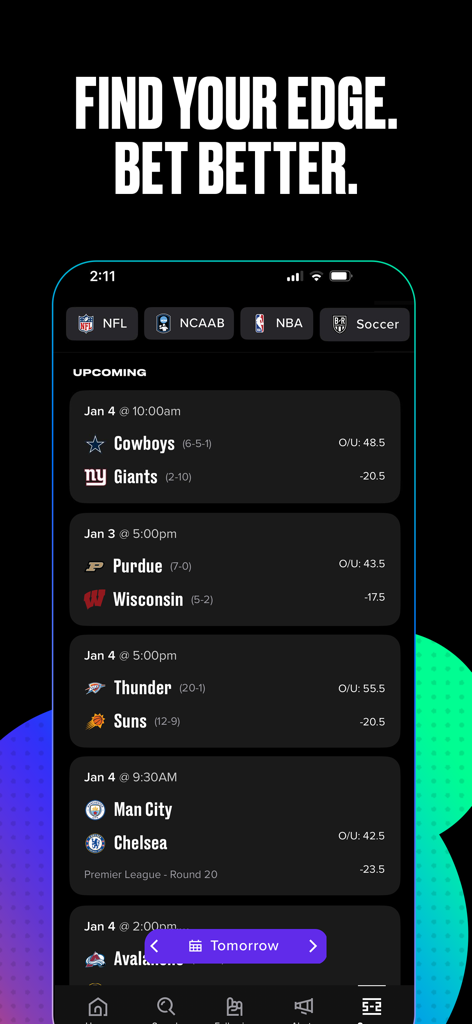 Bleacher Report app interface showing sports betting odds and upcoming game schedules for NFL, NBA, and Soccer.