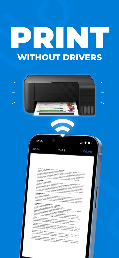 A smartphone wirelessly printing a document to a home printer without needing drivers