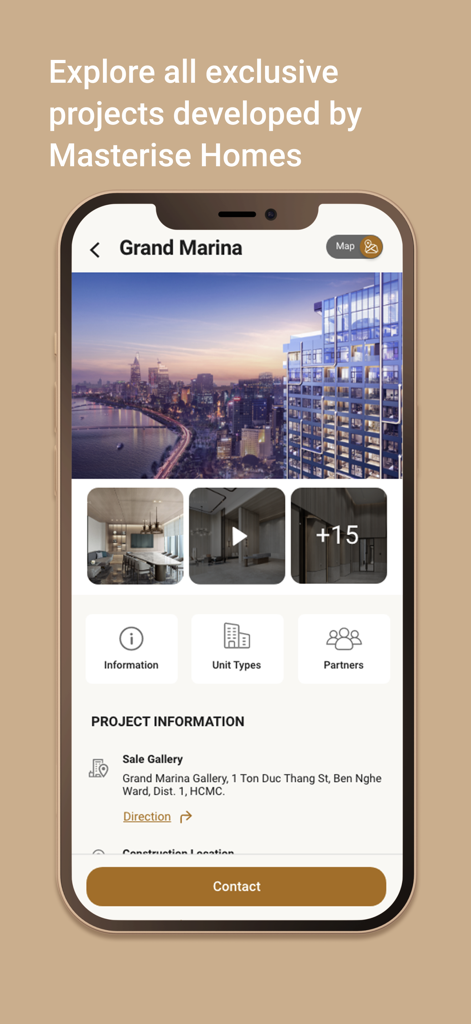 Pantalla de smartphone que muestra los detalles del proyecto inmobiliario de lujo Grand Marina en la aplicación Masterise Homes.