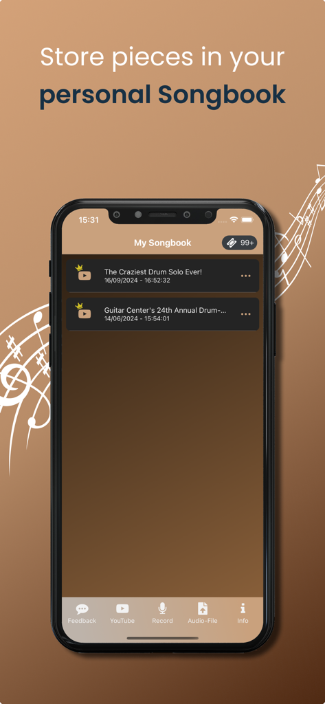 Drum2Notes - Transcribe Drums - Drum2Notes app screenshot showing the personal songbook screen with a list of saved drum solo transcriptions