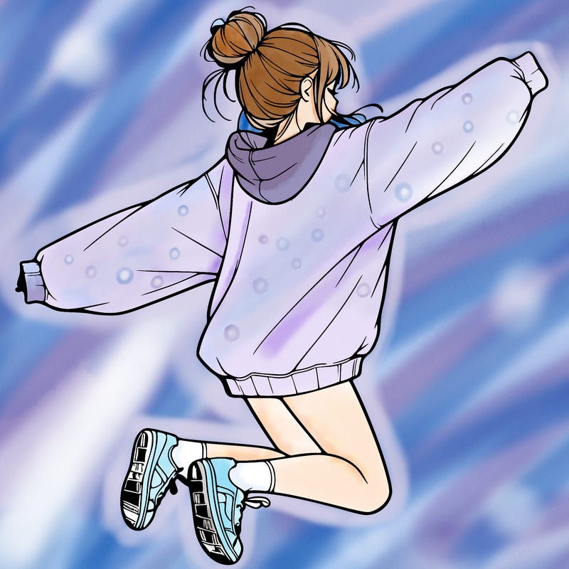 realistic girl jumping with a bun and oversized sweatshirt