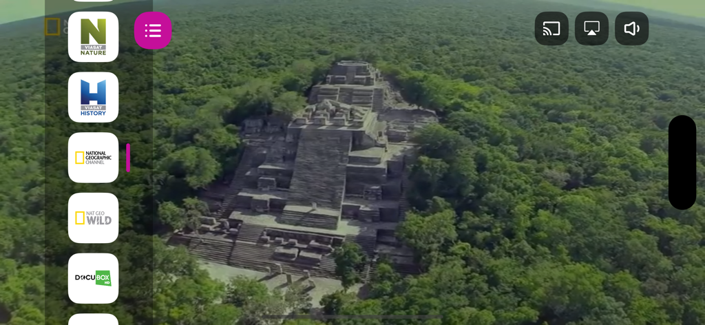 Orion TV - Vista orizzontale dell'app Orion TV che mostra la selezione di canali di documentari in diretta su un video naturalistico