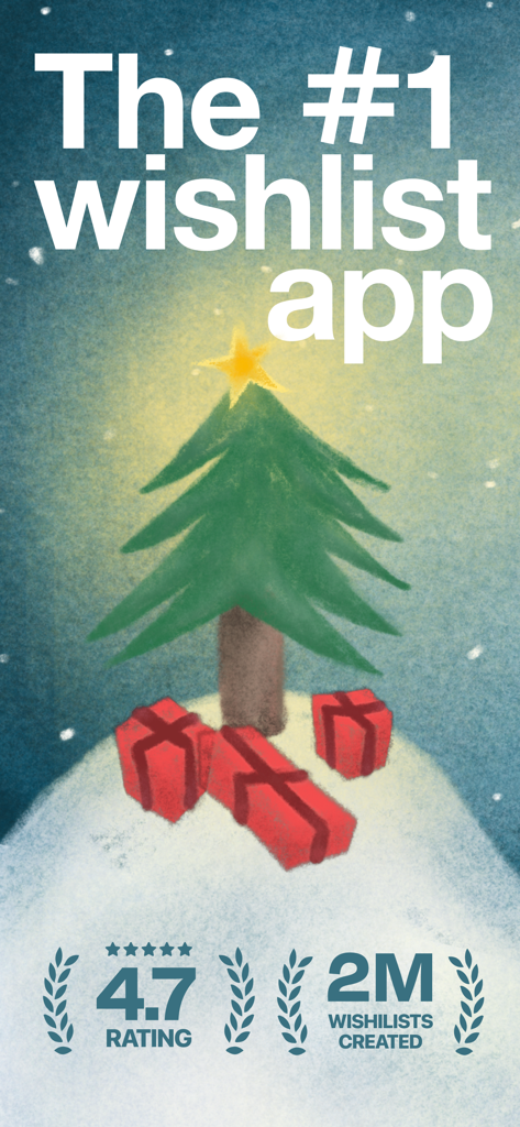Wishlists - online wishlist - Promotion for the Wishlists app showing a number one ranking with a 4.7 star rating and a Christmas tree illustration.
