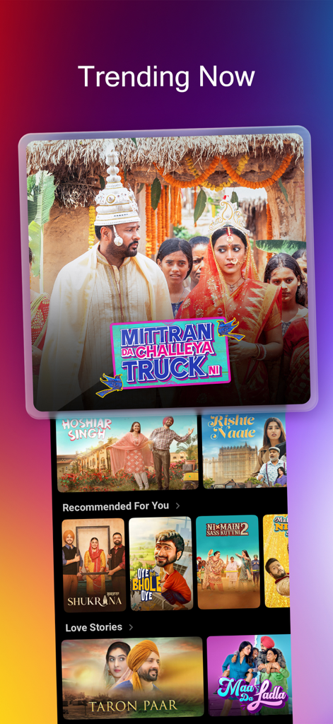 Chaupal - Movies & Web Series - Interfaz móvil de la aplicación Chaupal que muestra películas y series web regionales de tendencia para la diáspora del sur de Asia.