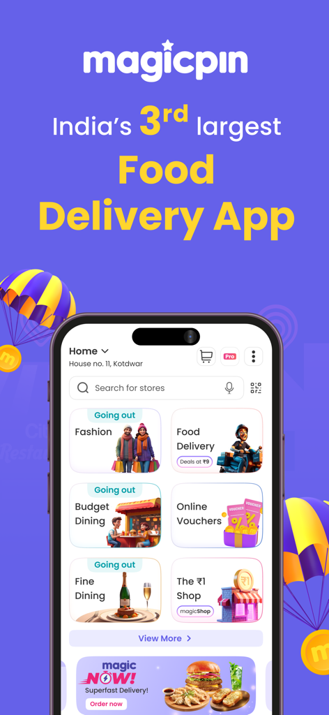 Tela inicial do aplicativo móvel Magicpin mostrando categorias de entrega de comida, moda e descontos