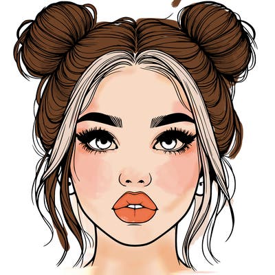 realistic girl with two buns on her hair and lips