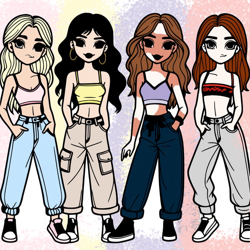 4 girls in crop tops and baggy jeans