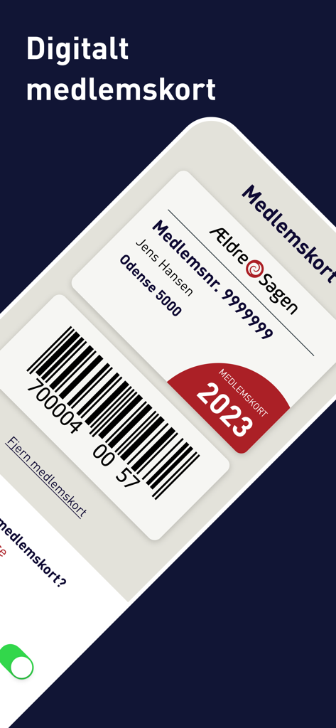 Tarjeta de socio digital con código de barras y detalles del miembro en la aplicación Aeldre Sagen Tilbud