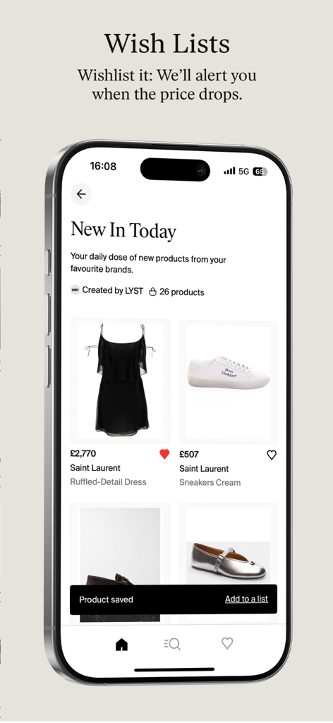 Lyst app interface showing luxury fashion wishlist with price drop alerts