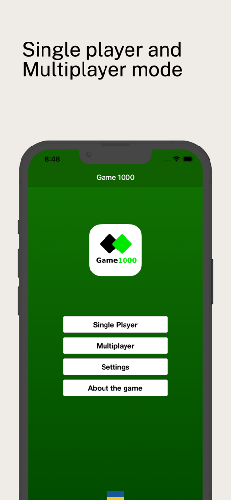Main menu of the Game1000 app featuring single player and multiplayer game modes on a mobile device.