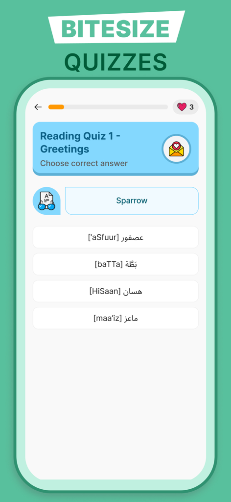 Quiz de leitura de árabe em pequenas doses em uma tela de aplicativo de aprendizado móvel.