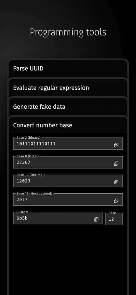 Developer Tools: Exabox - Developer Tools Exabox interface displaying a number base converter for binary decimal and hexadecimal values