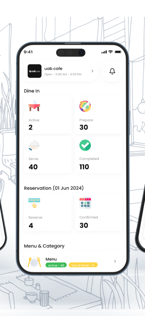 SerMal Restaurant - SerMal Restaurant app mobile dashboard showing dine-in orders and reservation management