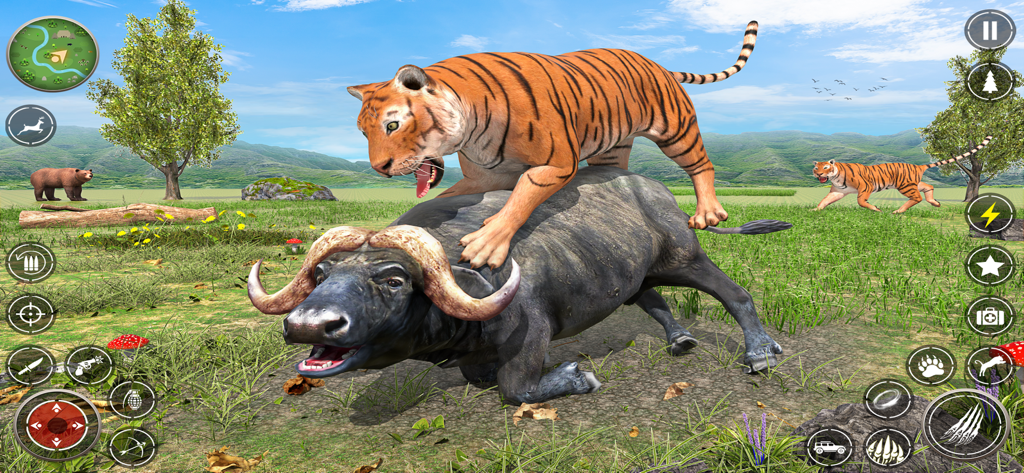 The Tiger Family Simulator 3D - Gameplay screenshot of a tiger attacking a buffalo in a 3D open world environment