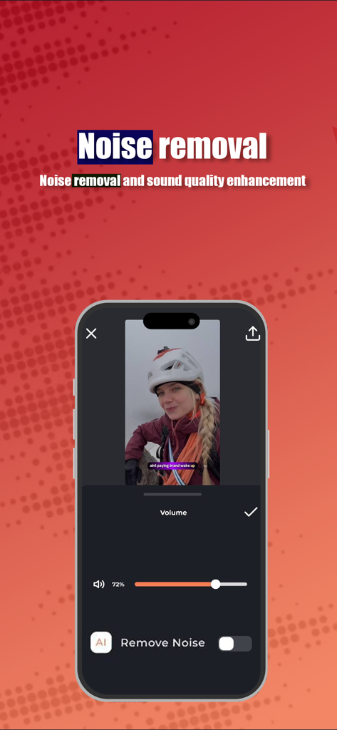 Captiono: AI Subtitles - Smartphone-Bildschirm zeigt das KI-Rauschunterdrückungs- und Audio-Verbesserungstool in der Captiono App